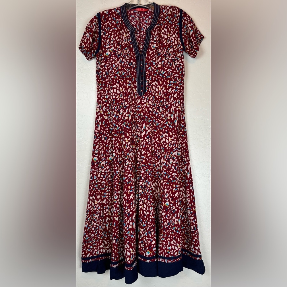 Juliet Tiny Buttons Contrast Placket Trim Boho Red Blue Dress Sz L 0188